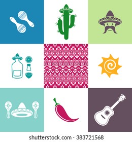 Vector mexico signs and icons in colorful squares