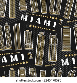 Vector Miami Seamless Pattern, square repeating background with illustration of famous miami city scape on dark background for wrapping paper, decorative line art urban poster with white text miami