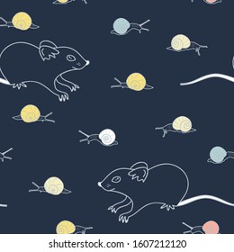 Vector Mice and Snails Line art on Navy Blue seamless pattern background.