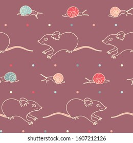 Vector Mice and Snails Line art Horizontal Design seamless pattern background.