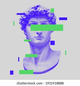 Vector Michelangelo's David bust. Aesthetic contemporary art collage. Vaporwave style poster concept. Duotone colorful ilustration.