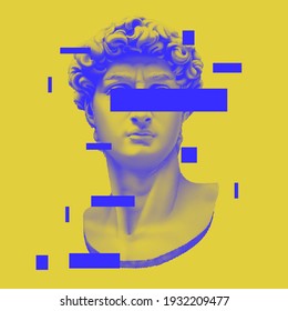 Vector Michelangelo's David bust. Aesthetic contemporary art collage. Vaporwave style poster concept. Duotone colorful ilustration.