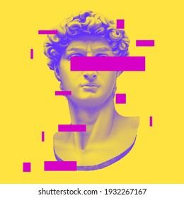 David Bust del vector Michelangelo. Collage de arte estético contemporáneo. Concepto de póster de estilo vaporwave. Ilustración colorida de la duotona.