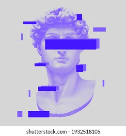 Vector Michelangelo's David bust. Aesthetic contemporary art collage. Vaporwave style poster concept. Duotone colorful illustration.