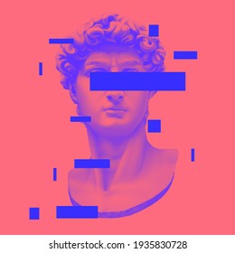 Vector Michelangelo's David bust. Aesthetic contemporary art collage. Vaporwave style poster concept. Duotone colorful ilustration.