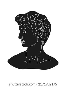 Vector Michelangelo's David bust. Aesthetic contemporary art. Black and white vector illustration. Modern drawing, abstract art.	