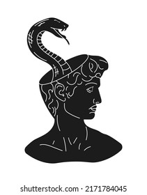 Vector Michelangelo's David bust with a snake. Aesthetic contemporary art. Black and white vector illustration. Modern drawing, abstract art.	