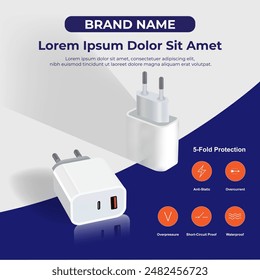 vector micro usb mobile phone charger and social media post or square banner template