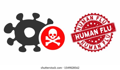 Vector microbe antibiotic icon and rubber round stamp seal with Human Flu text. Flat microbe antibiotic icon is isolated on a white background.