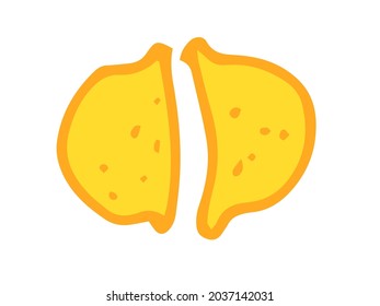 Microbio vectorial de color amarillo en estilo plano. La bacteria doble, dibujada a mano en forma de doodle, es de color amarillo brillante con un contorno naranja y una textura de puntos sobre un fondo blanco 