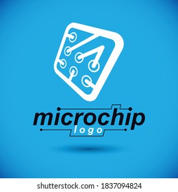 Vector microchip design, cpu. Information communication technology element, circuit board in square shape. Microprocessor scheme abstract logo.