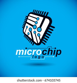 Vector microchip design, cpu. Information communication technology element, circuit board in square shape. Microprocessor scheme abstract logo.