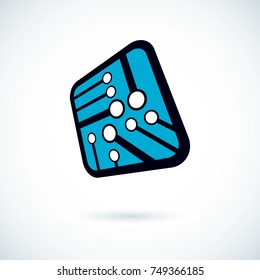 Vector microchip design, cpu. Information communication technology element, circuit board in square shape. Microprocessor scheme abstract logo.