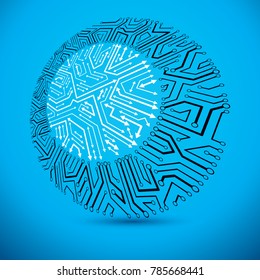 Vector microchip design, cpu. Information communication technology element, circuit board in round shape with arrows.