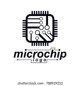 Vector microchip design, cpu. Information communication technology element, circuit board in square shape. Microprocessor scheme abstract logo.