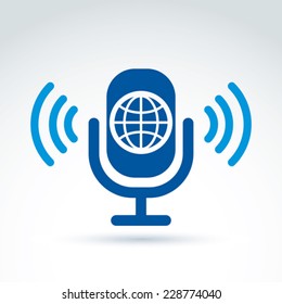 Vector microphone with earth illustration, global mass media, international podcast sign.