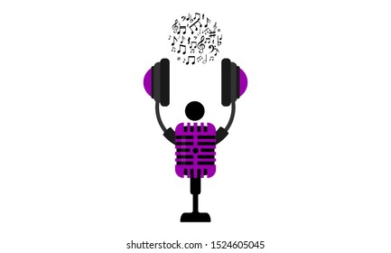 vector microphone and headphones are shaped like a robot that is raising both hands, above it there is a collection of scales that form a circle.