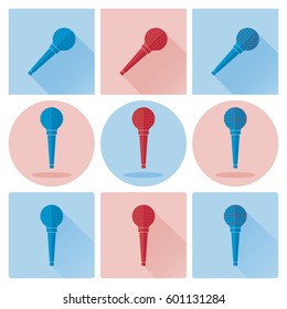 Vector microphone icon set. Circle and square app icon, web  element, logo symbol. Red and blue color microphone
