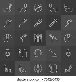 Vector microphone icons collection. Linear mic symbols on dark background