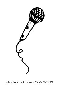 Vector microphone. isolated piece of music equipment, microphone with twisted wire, hand-drawn in doodle style with black line on white background for design template, logos, label signage