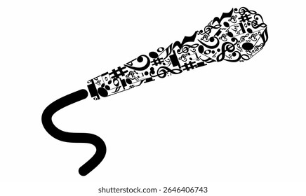 Vector microphone silhouette filled with musical notes, clefs, and symbols. Black and white doodle mic illustration for music events, karaoke posters, podcast logos, or flyers.