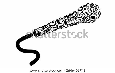 Vector microphone silhouette filled with musical notes, clefs, and symbols. Black and white doodle mic illustration for music events, karaoke posters, podcast logos, or flyers.
