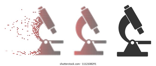 Vector microscope icon in sparkle, dotted halftone and undamaged whole versions. Disintegration effect involves rectangular scintillas and horizontal gradient from red to black.