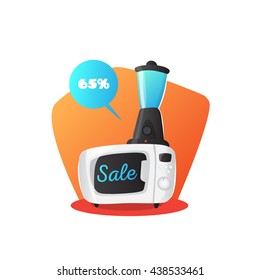Vector microwave oven and mixer illustration in cartoon style. Kitchen electronics sale concept.