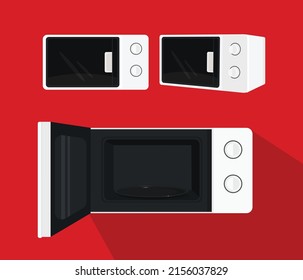Vector microwave oven with open and close door, front view isolated on background. 