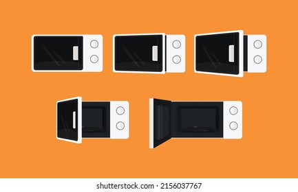 Vector microwave oven with open and closed doors, front view isolated on background.