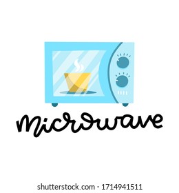 horno microondas vectorial con placa interior. El microondas azul aislado en fondo blanco. Ilustración vectorial de diseño plano con texto con letras de mano