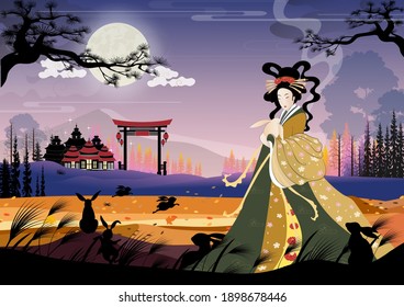 Vector Mid Autumn Festival with fairy Chang'e, The Chinese Goddess of the Moon with rabbit jade, Autumn landscapes with Chinese temple and family rabbit celebration on full moon at night.