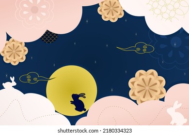 Vector - Mid Autumn festival. Full Moon, rabbit, sky cloud and Moon cake on dark blue background. Asian, Chinese, Taiwan, Japan festive.