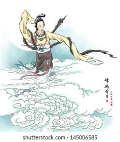 Vector Mid Autumn Festival Illustration of Chang'e, the Chinese Goddess of Moon. Translation: Chang'e Galloped Away to the Moon