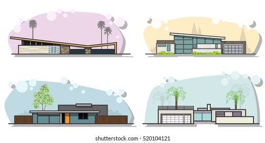 Vector Mid Century Houses Set Modern Googie Populuxe Architectural Style Collection Fifties, Sixties Trends