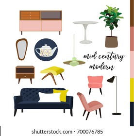 vector mid century modern furniture. home house interior design. 1960s 1950s style. 