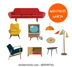 Vector Mid Century Modern Illustration. Elements Collection Set. 1960s 1950s House. Interior Design Icons. Danish Style. 