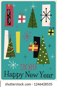 Vector Mid Century Modern New Year Postcard Stylization. Christmas Tree, Gifts, Candles