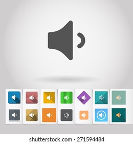 Vector mid volume sound speaker icon and big set of square flat web mobile buttons on paper background