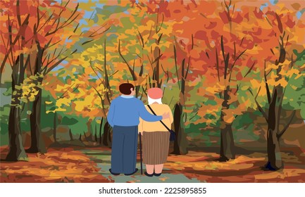 vector of middle aged couple walking on forest road in autumn