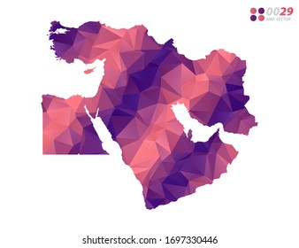 Vector del mapa de Medio Oriente colorido mosaico de triángulo rojo polígono con fondo blanco. degradado de estilo.