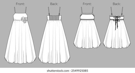 Vector midi bubble hem dress fashion CAD, balloon woman skirt with shoulder stripes, flowers detail sketch, template, flat, technical drawing. Woven fabric 2 pcs set of dress with front, back view