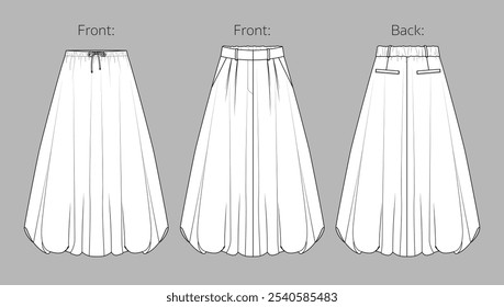 Vector midi bubble hem skirt fashion CAD, balloon woman skirt with waistband and welt pockets detail sketch, template, flat, technical drawing. Woven fabric 2 pcs set of skirt with front, back view