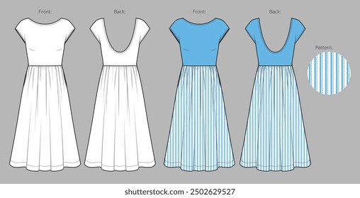 Vector midi dress with pockets technical drawing, long summer dress fashion CAD, woman drop shoulder dress with round neck sketch, template. Jersey or woven fabric dress with front, back view, white