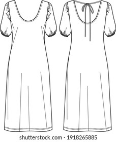 Vector midi dress technical drawing, woman round neck dress fashion CAD, short sleeved dress sketch, template