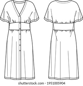 Vector Midi short sleeved Dress fashion CAD, woman long v neck dress with buttons in front technical drawing, template, sketch, flat. Jersey or woven fabric dress with front, back view, white col