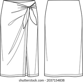 Vector midi skirt with bow detail fashion , woman jersey or woven fabric  wrap skirt technical drawing, flat, sketch, mock up. Front back view, white color