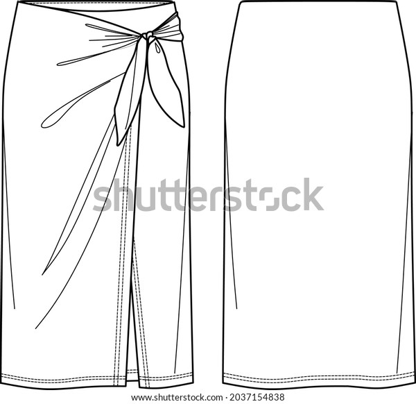 Vector midi skirt with bow detail\
fashion , woman jersey or woven fabric  wrap skirt technical\
drawing, flat, sketch, mock up. Front back view, white\
color