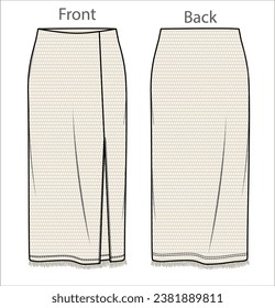 Vector midi skirt with crochet fabric fashion CAD, woman jersey or woven fabric  maxi skirt with side slit technical drawing, flat, sketch, template, mock up. Front back view, white color