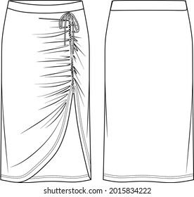 Vector midi skirt with gathering detail fashion CAD, woman jersey or woven fabric  skirt with bow technical drawing, flat, sketch, template, mock up. Front back view, white color